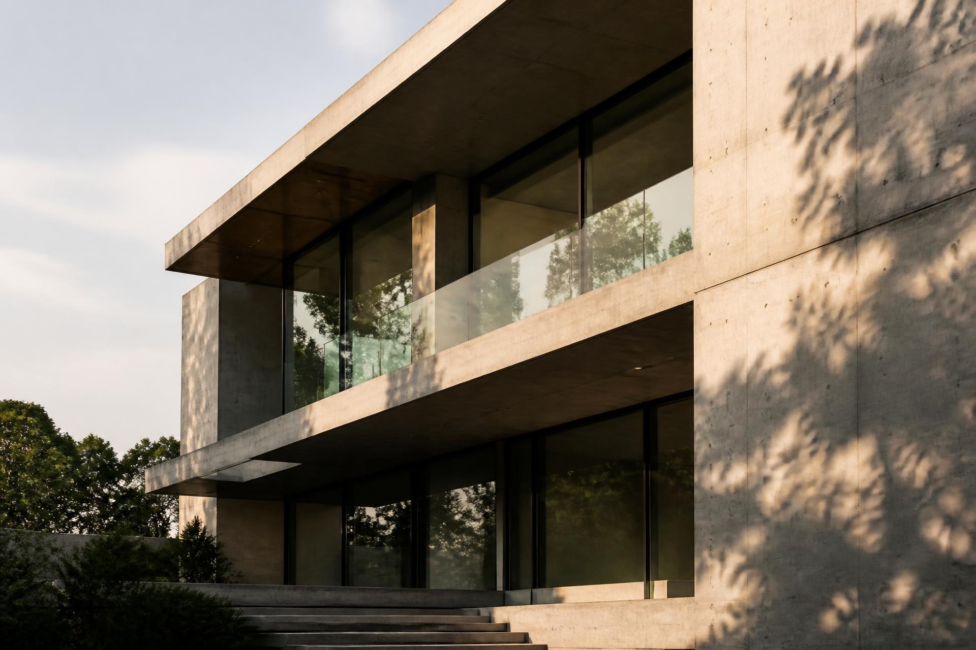 Fachada de arquitetura contemporânea em concreto e vidro
